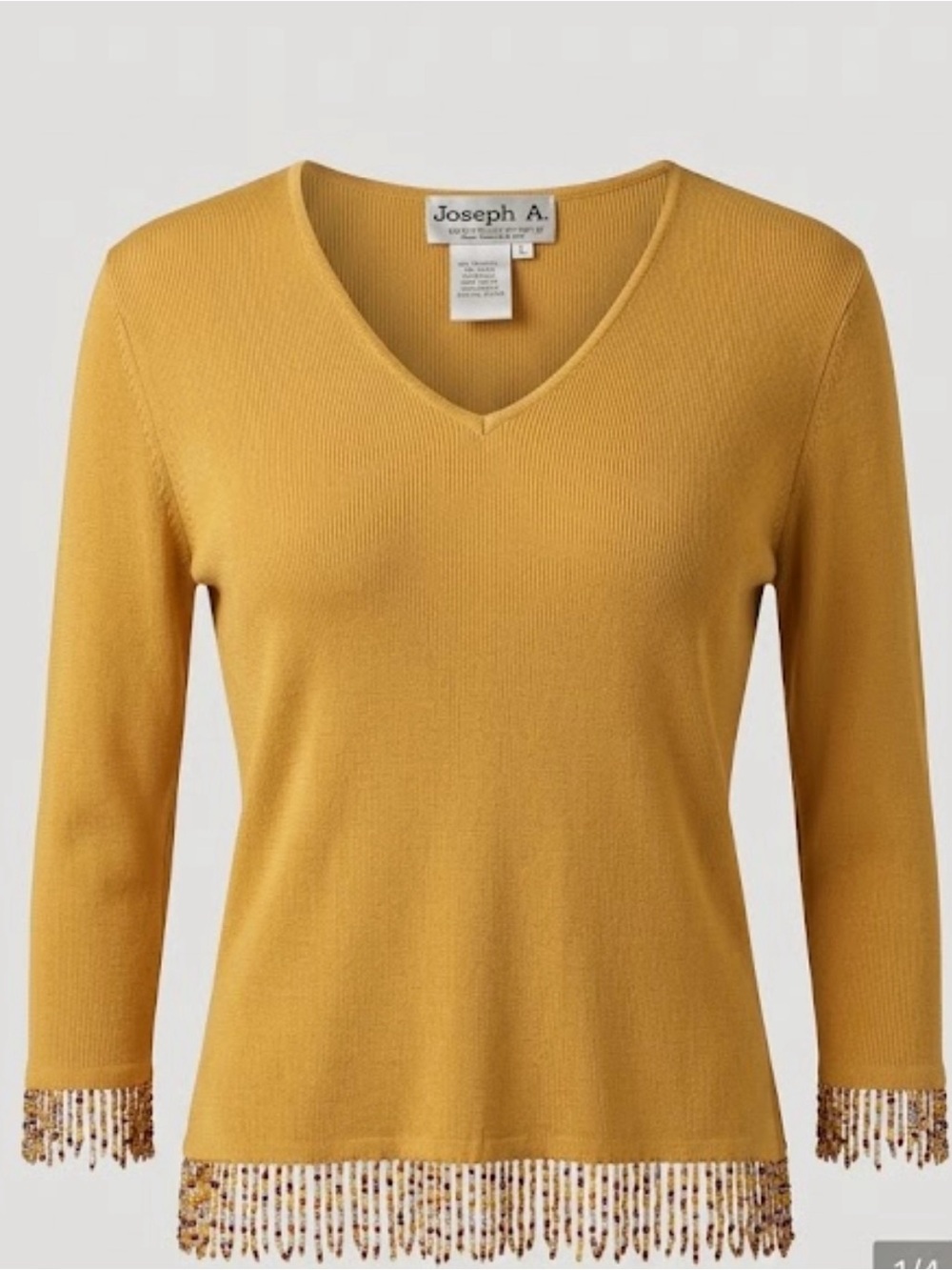 Joseph A. 100% Silk Beaded Fringe V-Neck Sweater Mustard Yellow Small
